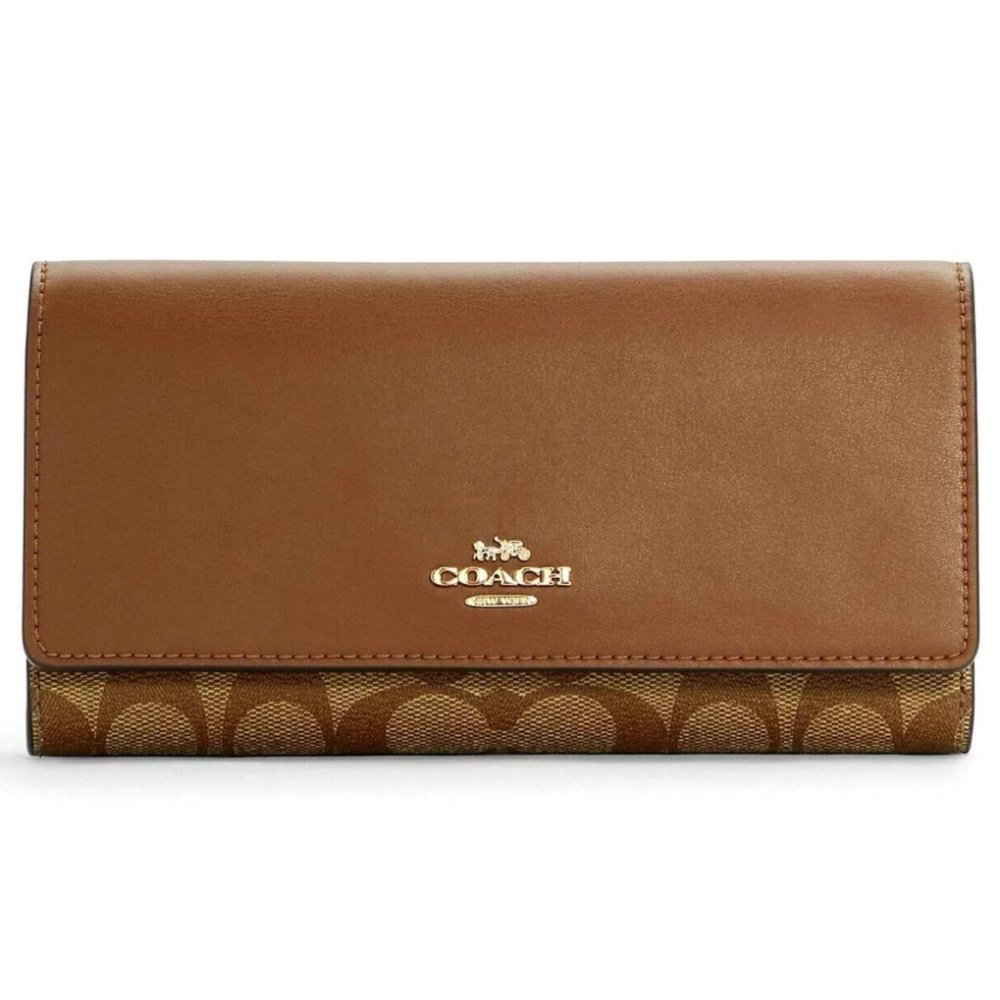 COACH Slim Trifold Wallet In Signature Canvas (Gold/Khaki Saddle 2)